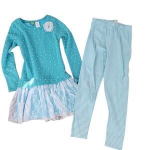 Girls 2 Piece Outfit Top Leggings Blue Size 10 Polkadot Stripe